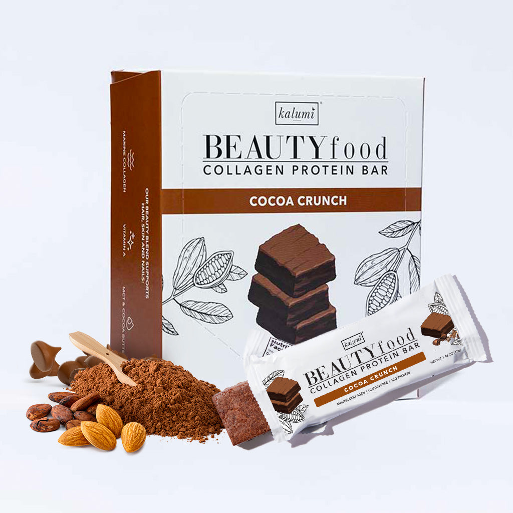 Kalumi collagen bars, Cocoa Crunch, case of 9 on a white background.