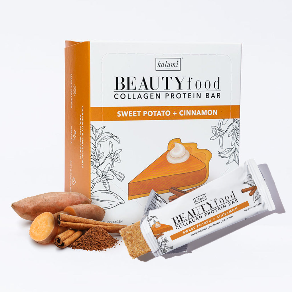 Kalumi collagen bars, Sweet Potato + Cinnamon, case of 9 on a white background.
