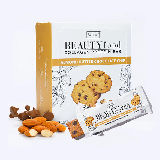 Kalumi collagen bars, Almond Butter Chocolate Chip, case of 9 on a white background.
