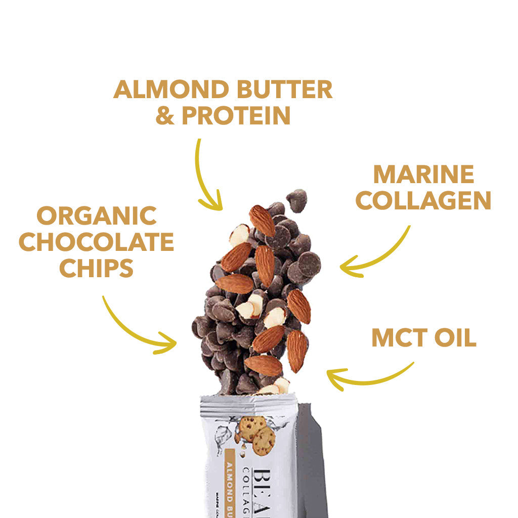 Almond Butter Chocolate Chip collagen protein bar surrounded by ingredients, including Marine Collagen & MCT Oil.