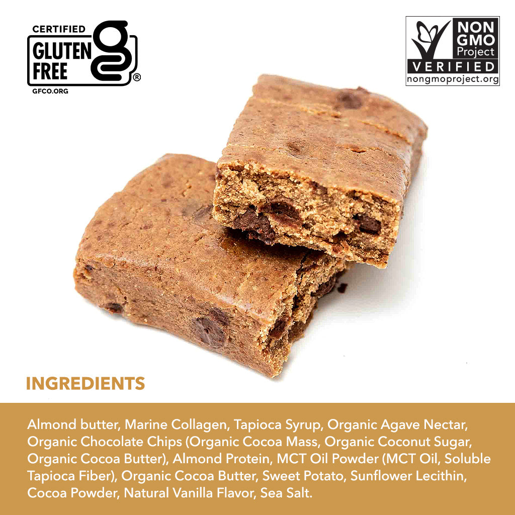 Full ingredient list for Kalumi Almond Butter Chocolate Chip collagen protein bars.