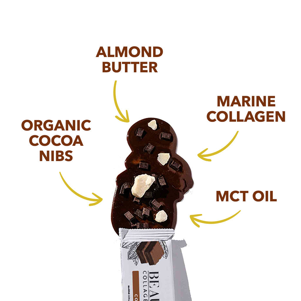 Cocoa Crunch collagen protein bar surrounded by ingredients, including Marine Collagen & MCT Oil.