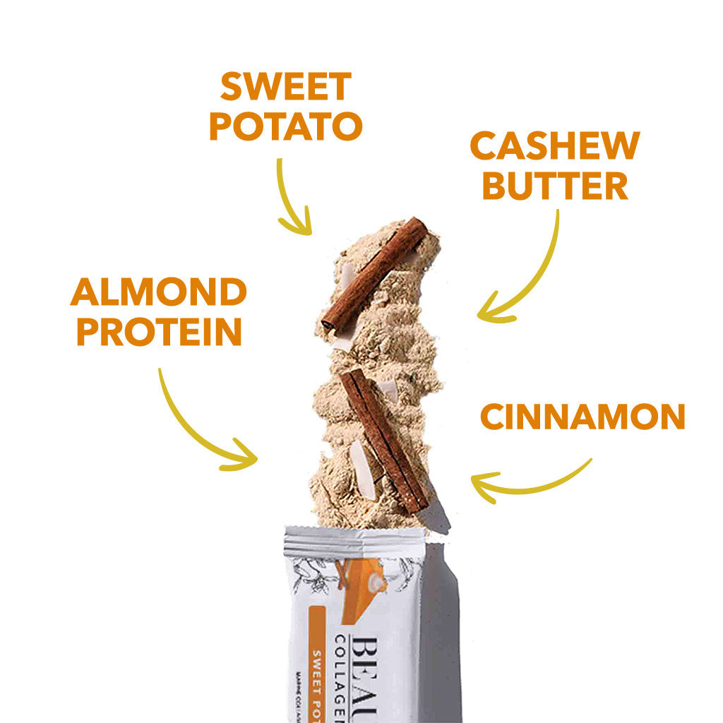 Sweet Potato + Cinnamon collagen protein bar surrounded by ingredients, including Marine Collagen & MCT Oil.