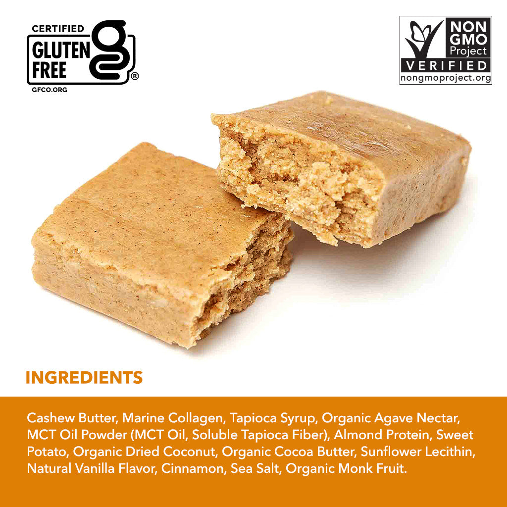Full ingredient list for Kalumi Sweet Potato + Cinnamon collagen protein bars.